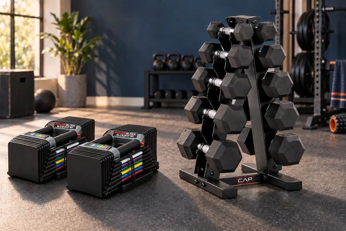 Adjustable dumbbells beside a fixed dumbbell set and storage rack in a home gym