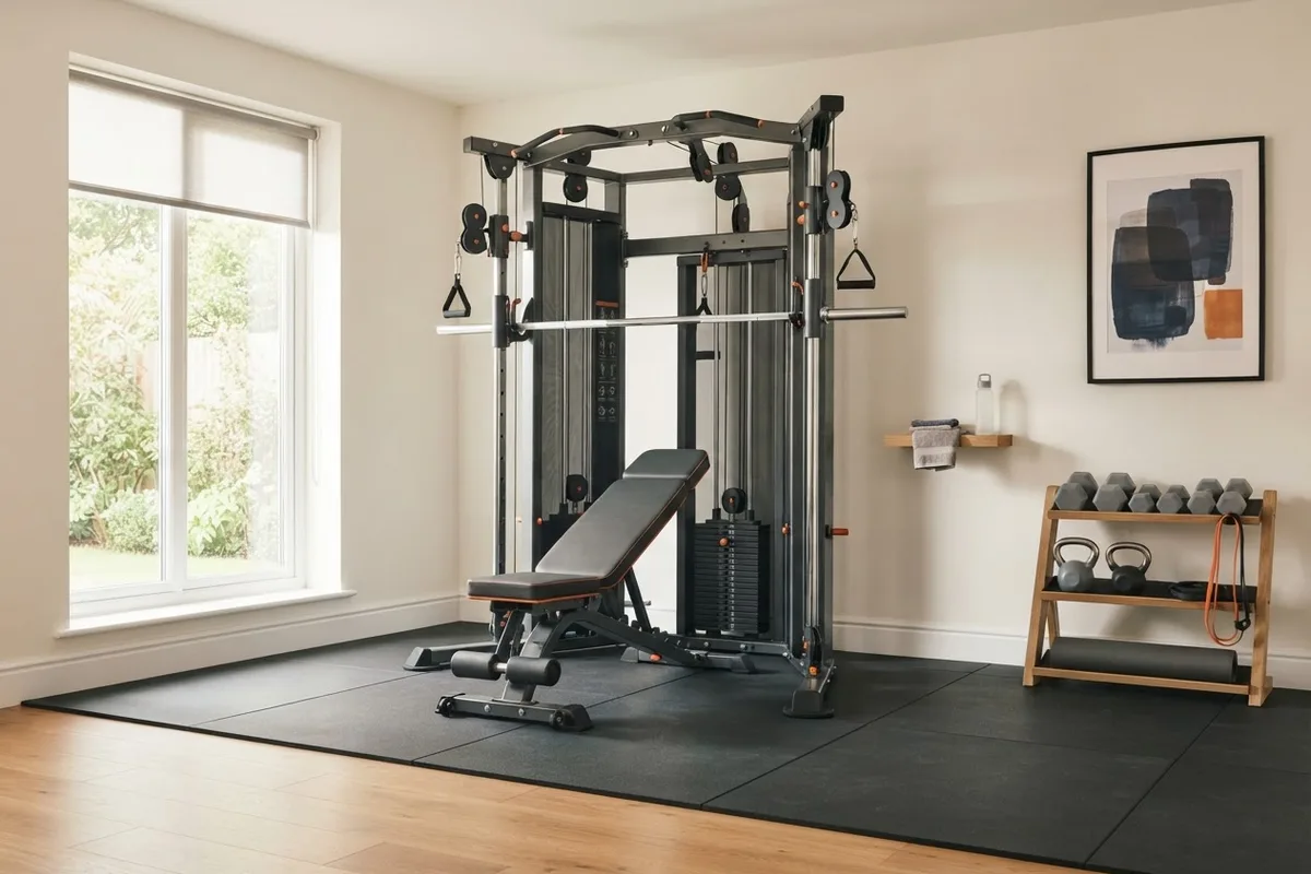 All-in-one home gym machine installed in a well-planned workout room