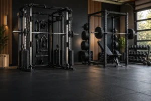 All-in-one home gym beside a free-weight rack in a modern garage gym