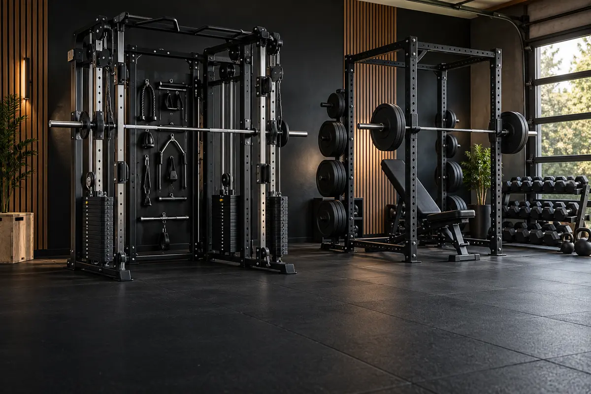 All-in-one home gym beside a free-weight rack in a modern garage gym