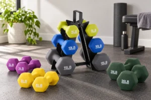 Amazon Basics neoprene dumbbell pairs and rack bundles
