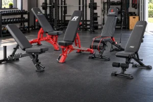 Five adjustable weight benches under 300 dollars arranged in a modern home gym
