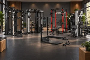 Premium all-in-one home gym systems arranged in a modern garage gym