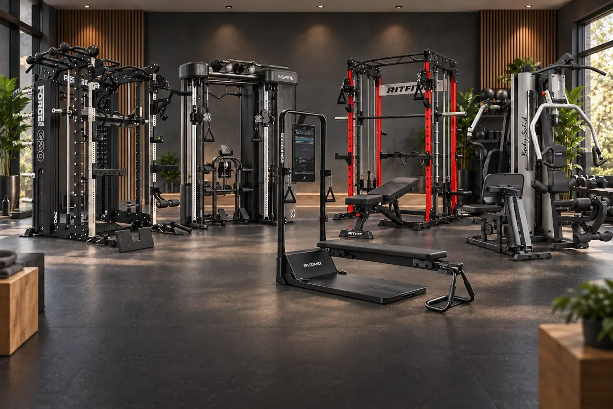 Premium all-in-one home gym systems arranged in a modern garage gym