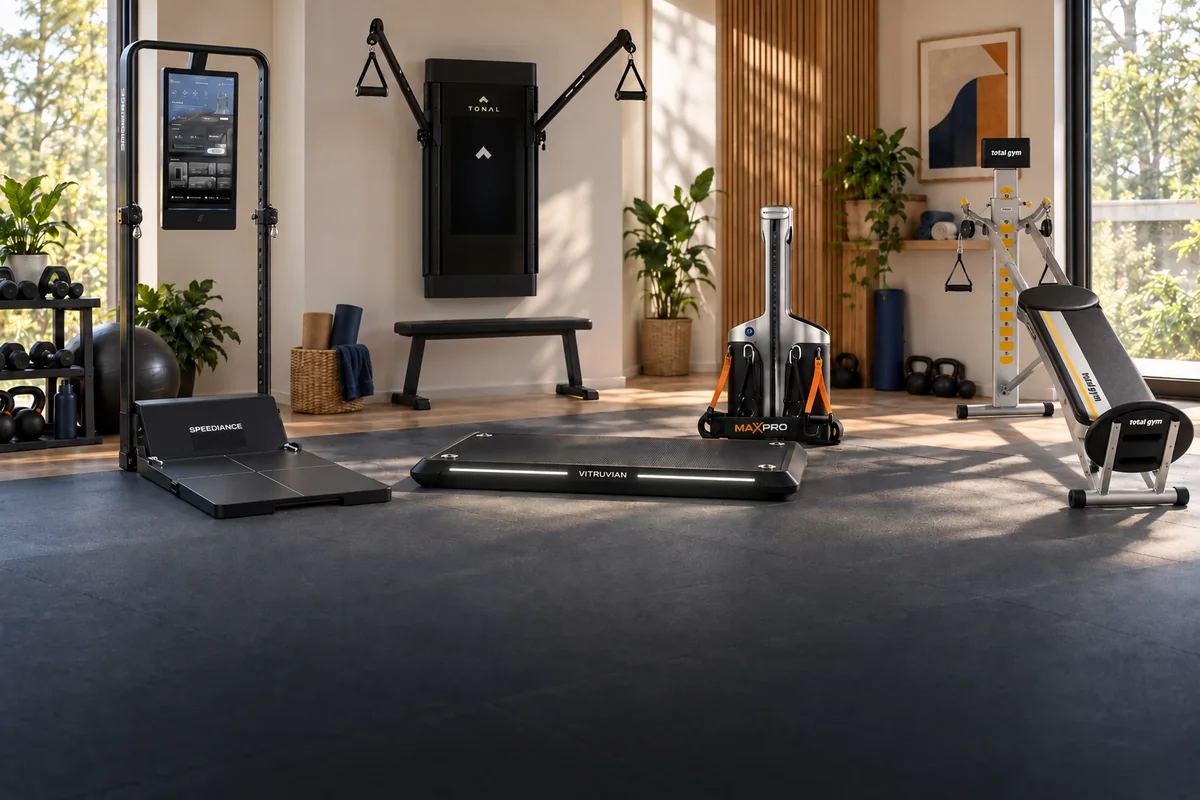 Five compact home gym systems arranged in a small modern workout room
