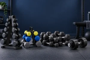 Best dumbbell sets for home gyms arranged on storage racks