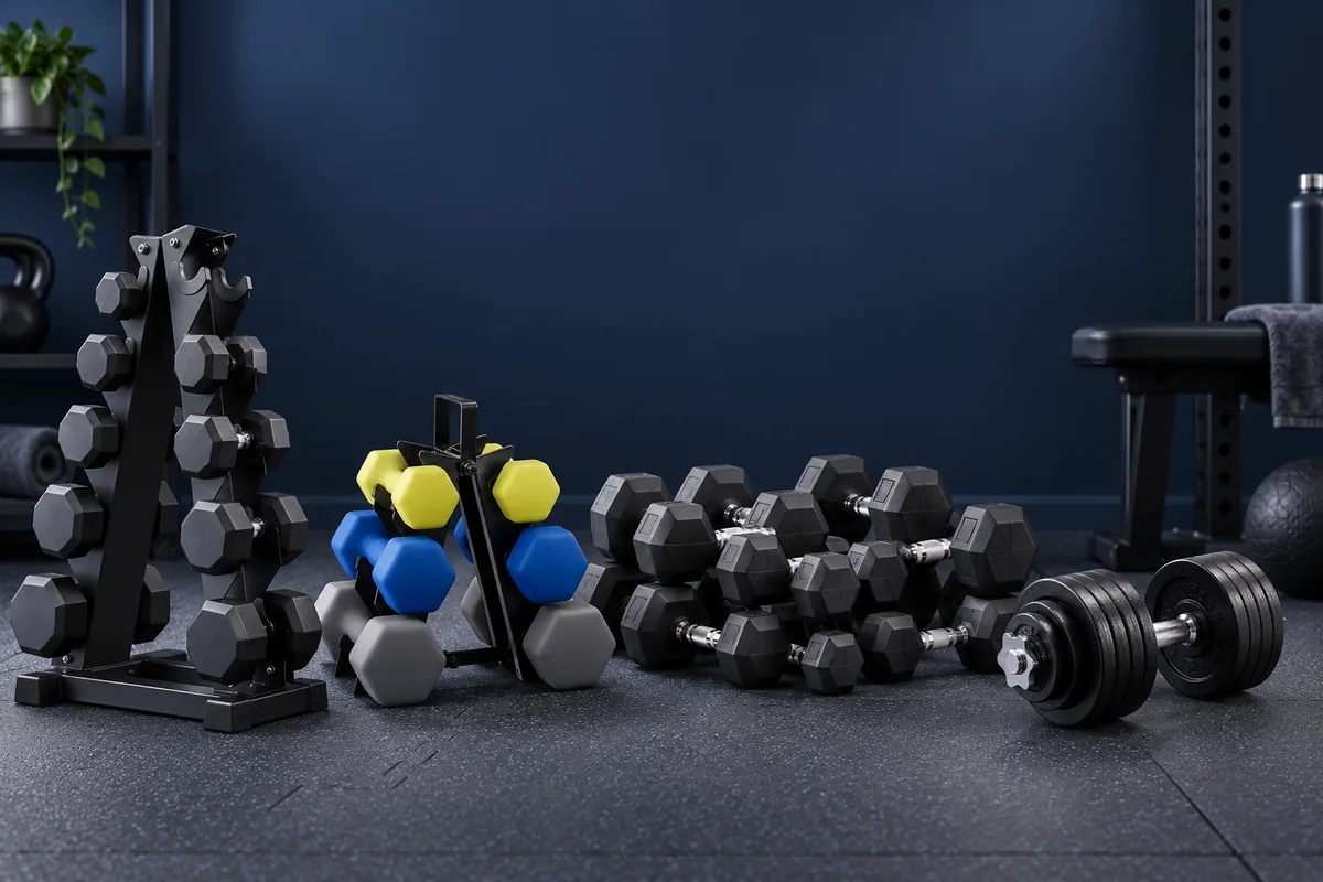 Best dumbbell sets for home gyms arranged on storage racks