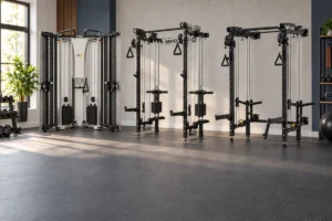 Torque F9 fold-away trainer beside folding cable power racks in a modern home workout room