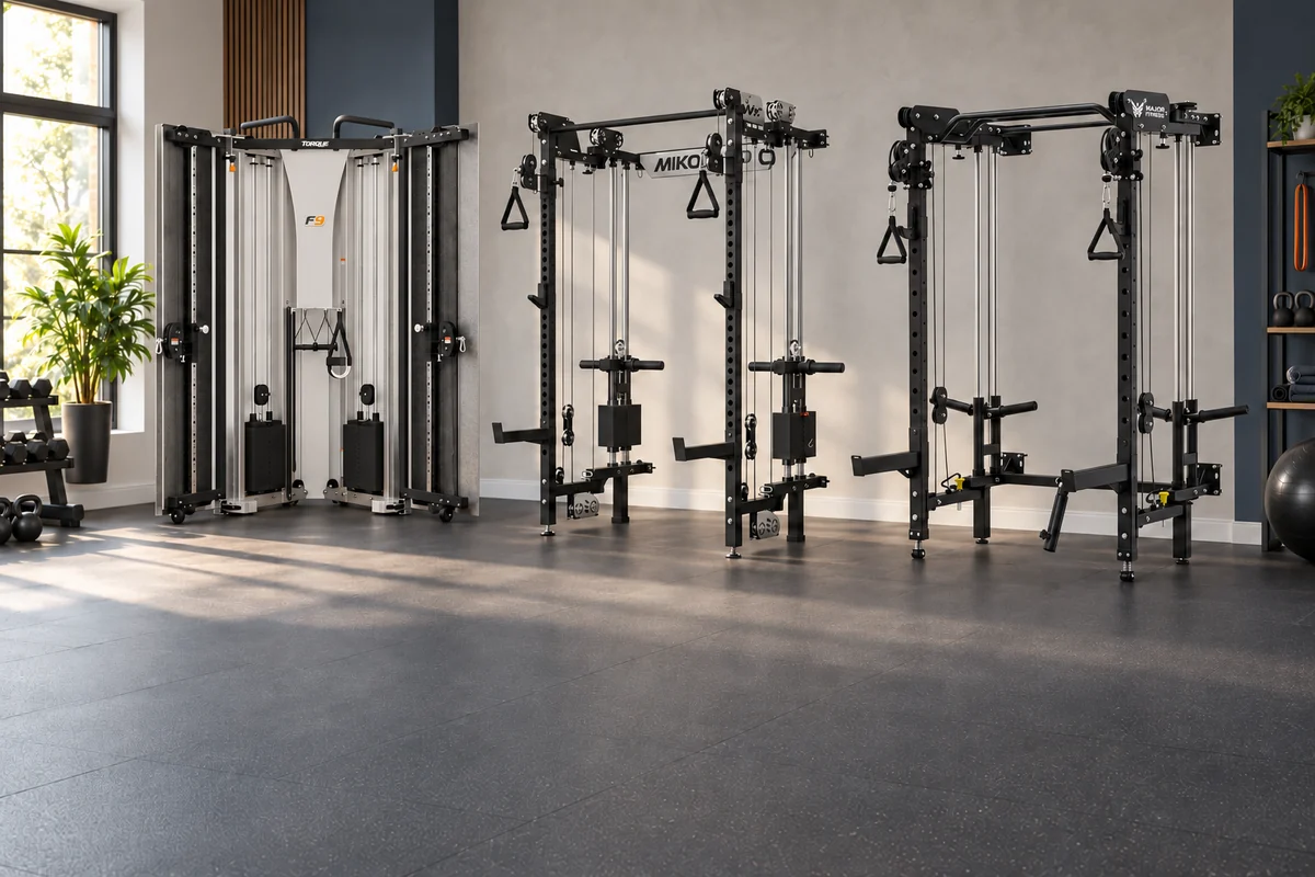 Torque F9 fold-away trainer beside folding cable power racks in a modern home workout room