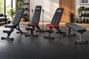 Four compact folding weight benches arranged in a bright small home gym