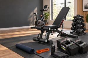 Beginner-friendly home gym with adjustable dumbbells, bench, resistance bands, exercise mat, and cardio equipment