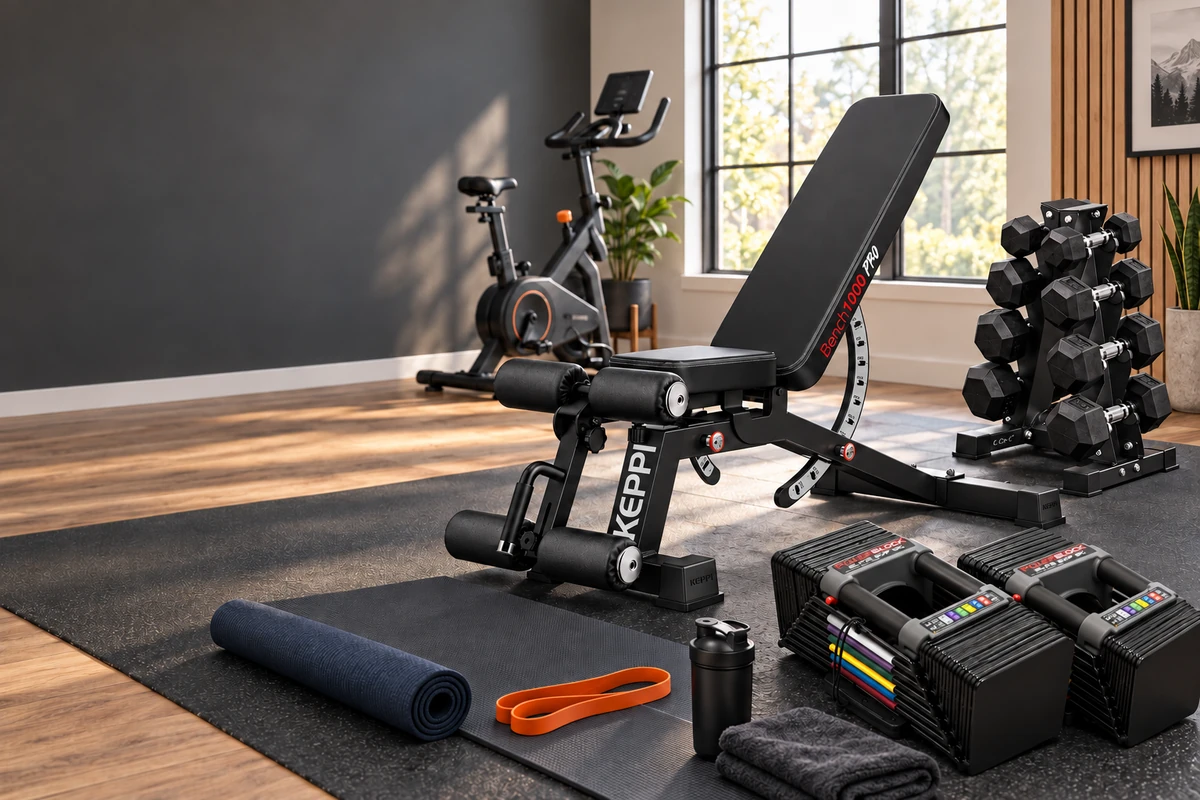 Beginner-friendly home gym with adjustable dumbbells, bench, resistance bands, exercise mat, and cardio equipment