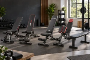 Adjustable and flat weight benches arranged in a modern home gym