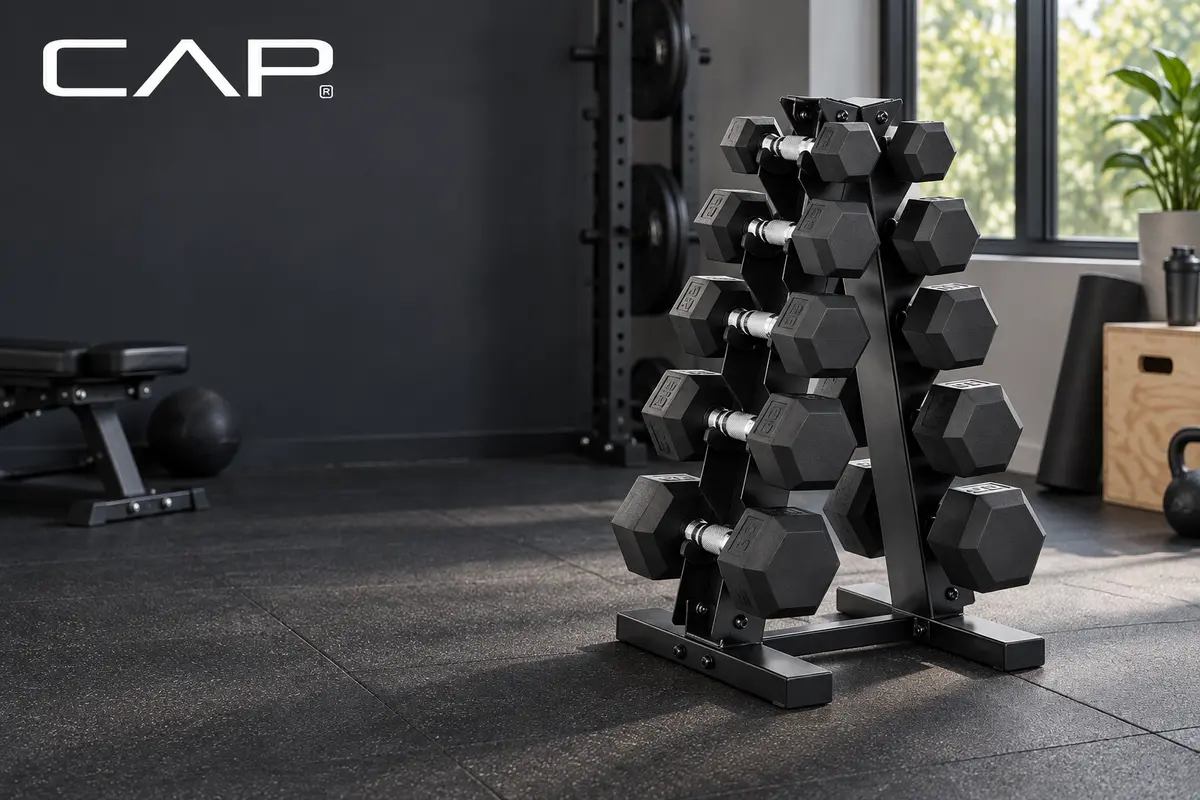 CAP Barbell 150-pound rubber hex dumbbell set with A-frame rack in a home gym
