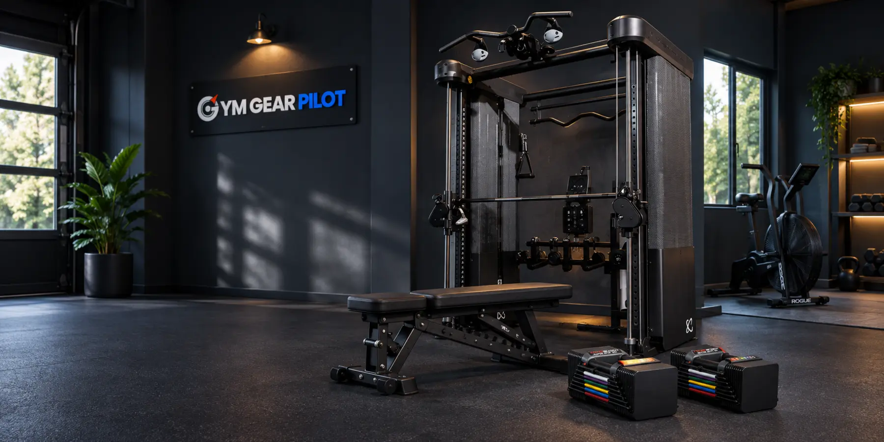 Modern home gym with strength and cardio equipment
