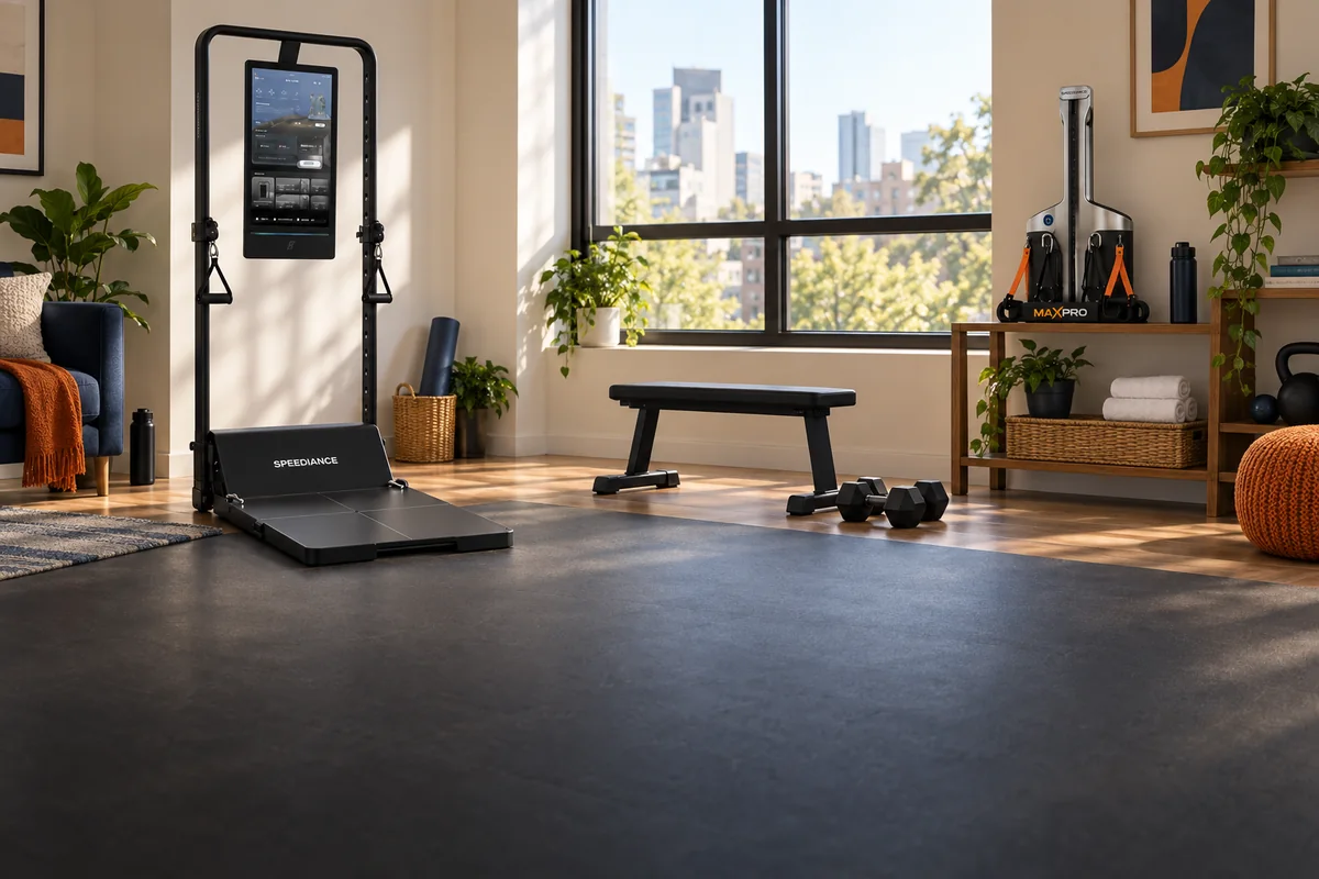 Compact home gym in a bright small room with open floor space for strength exercises