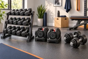Fixed adjustable and plate-loaded dumbbells arranged in a home gym