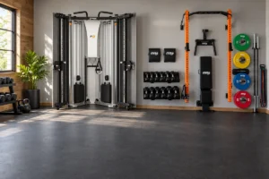Fold-away cable trainer and wall-mounted folding rack in a home gym with open floor space