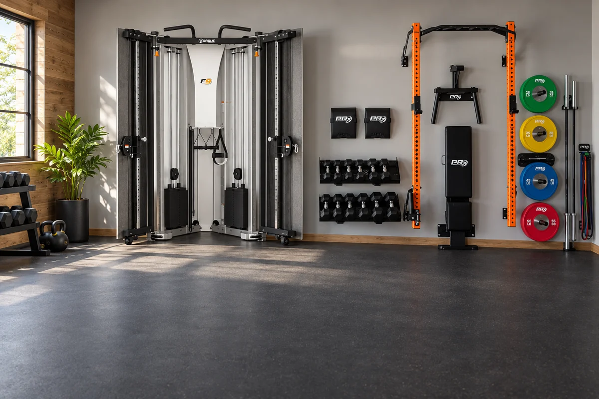 Fold-away cable trainer and wall-mounted folding rack in a home gym with open floor space