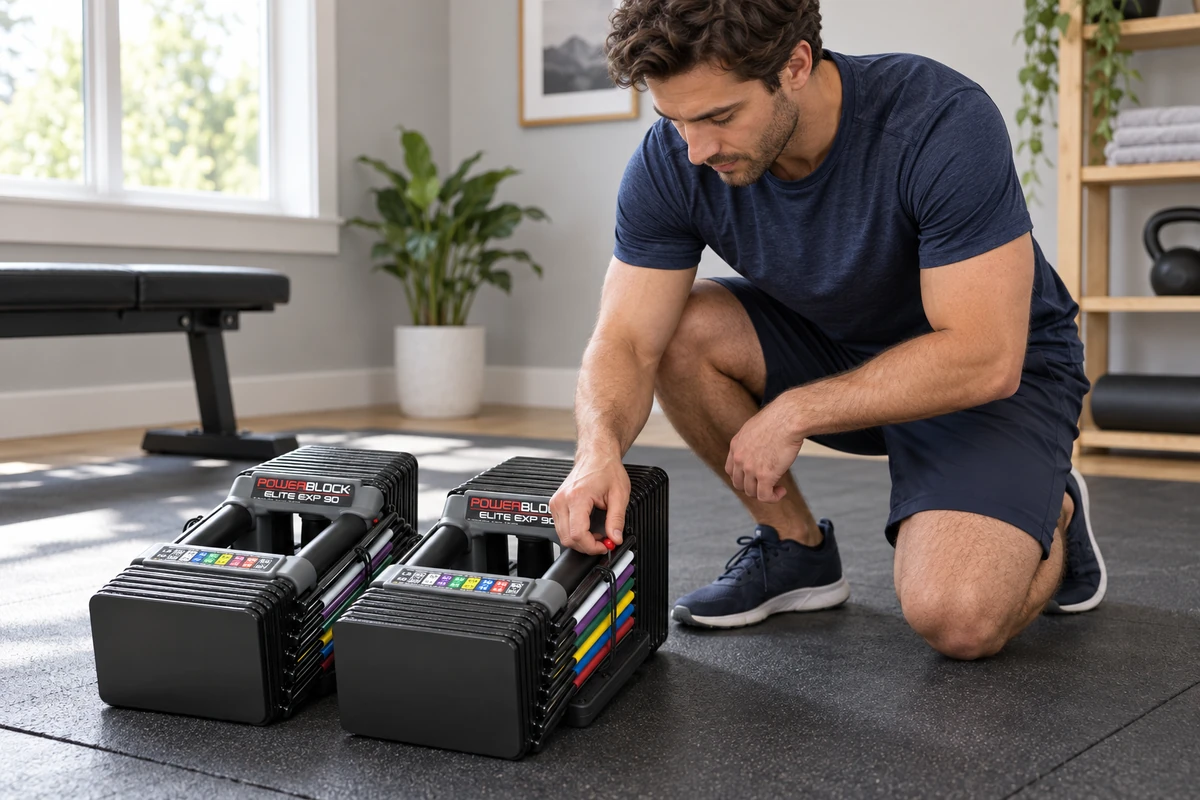 Beginner selecting a manageable weight on adjustable dumbbells in a compact home gym