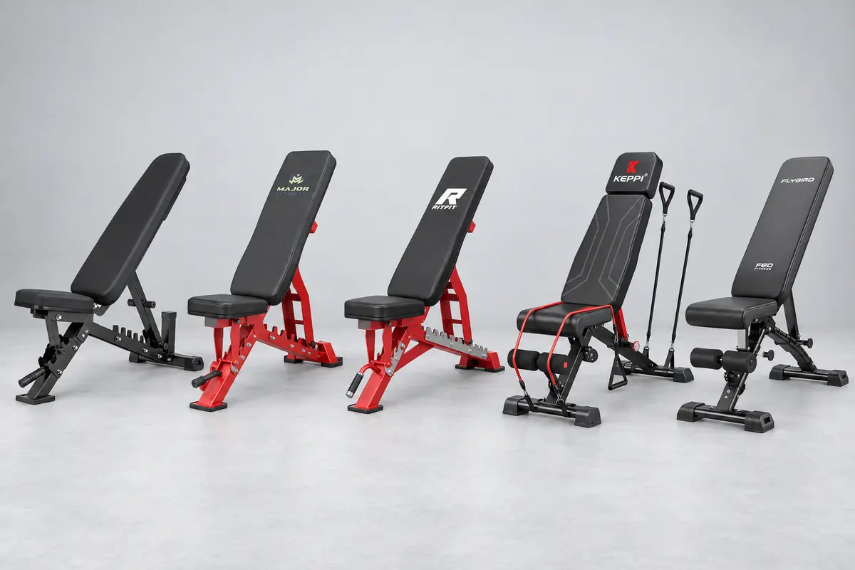 Side-by-side comparison of five adjustable weight benches showing frame and pad differences