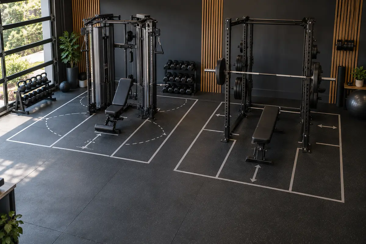 Floor-space and clearance comparison between an all-in-one gym and a free-weight rack