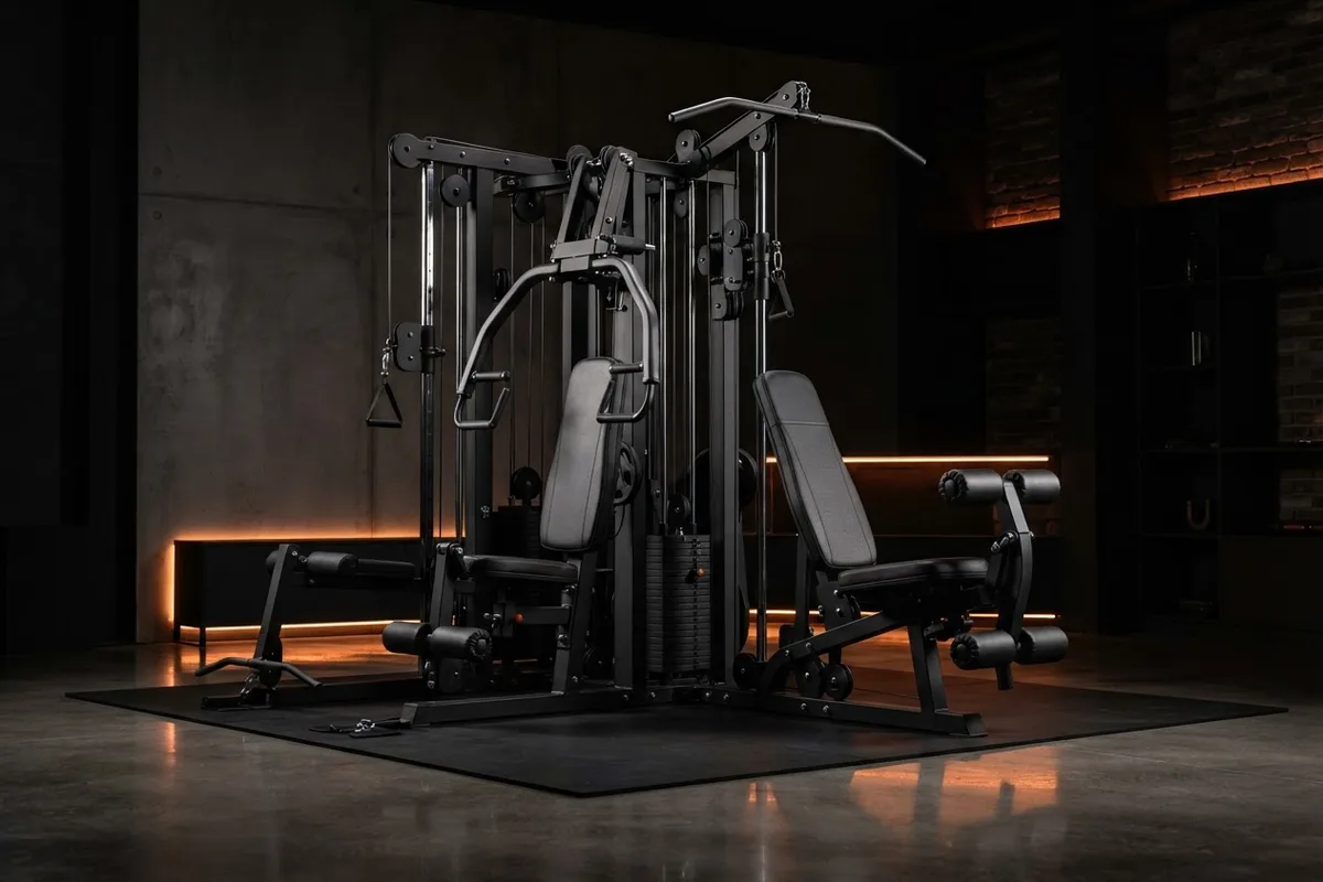All-in-one home gym stations mapped to pushing pulling and leg exercises