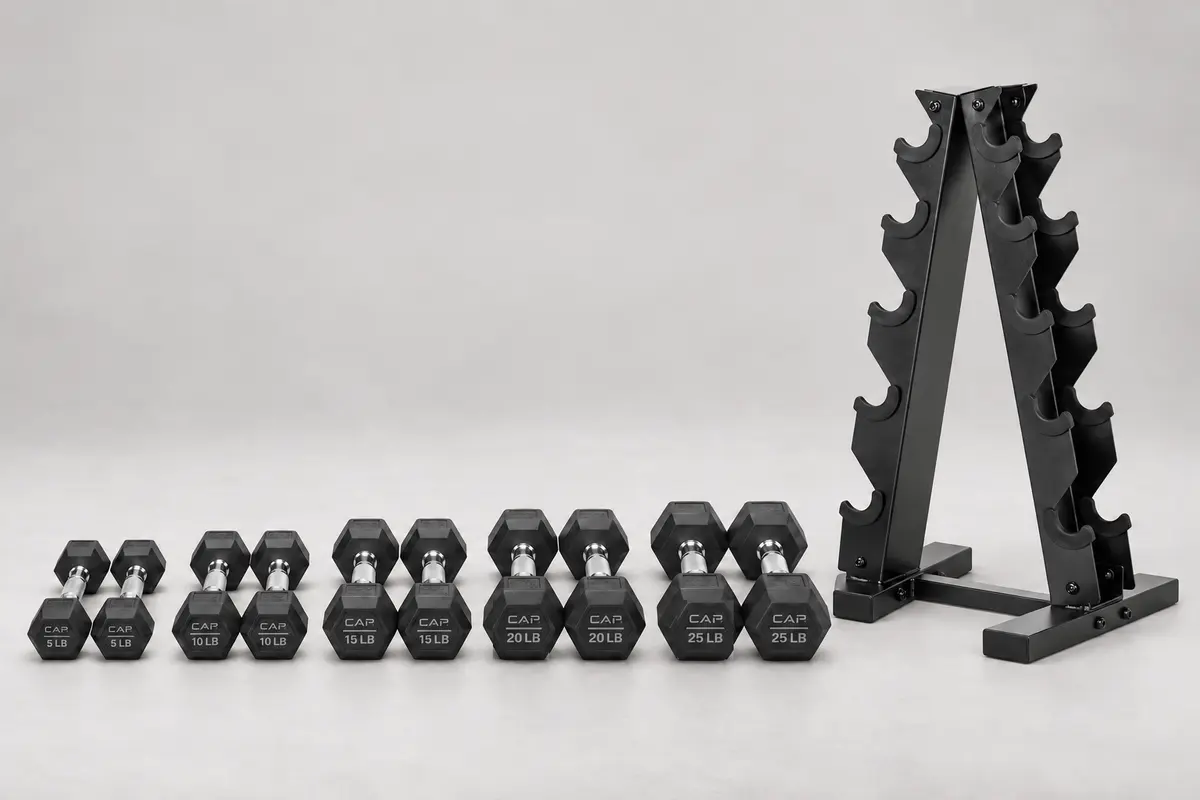 Five pairs of CAP rubber hex dumbbells beside an A-frame storage rack