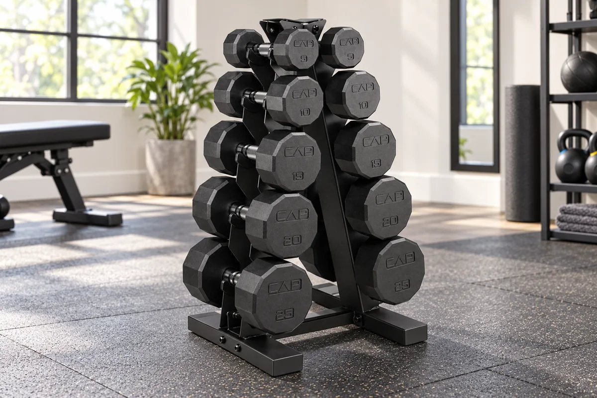CAP 150-lb Rubber Hex Dumbbell Set with A-Frame Rack