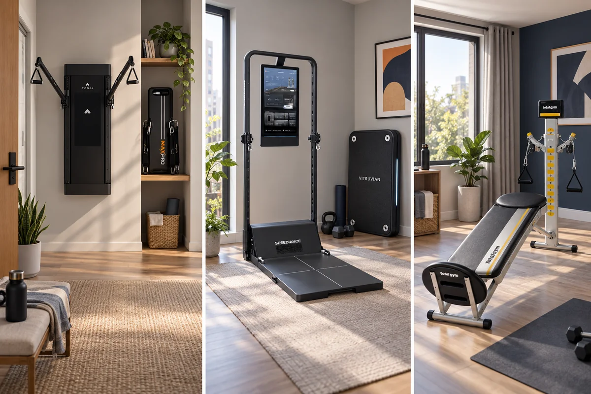 Stored and workout footprints of five compact home gym systems compared in one room