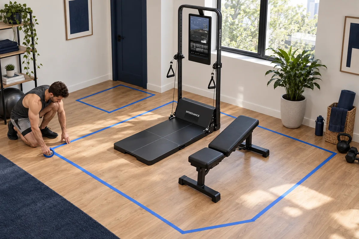 Floor tape outlining stored and open compact gym footprints with bench and cable movement space