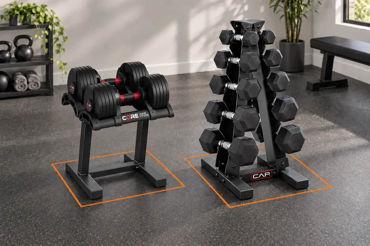Floor-space comparison between adjustable dumbbells and a fixed dumbbell rack