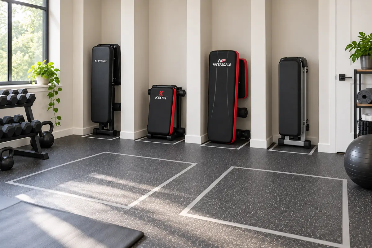 Four folding weight benches shown open and stored with floor space comparison
