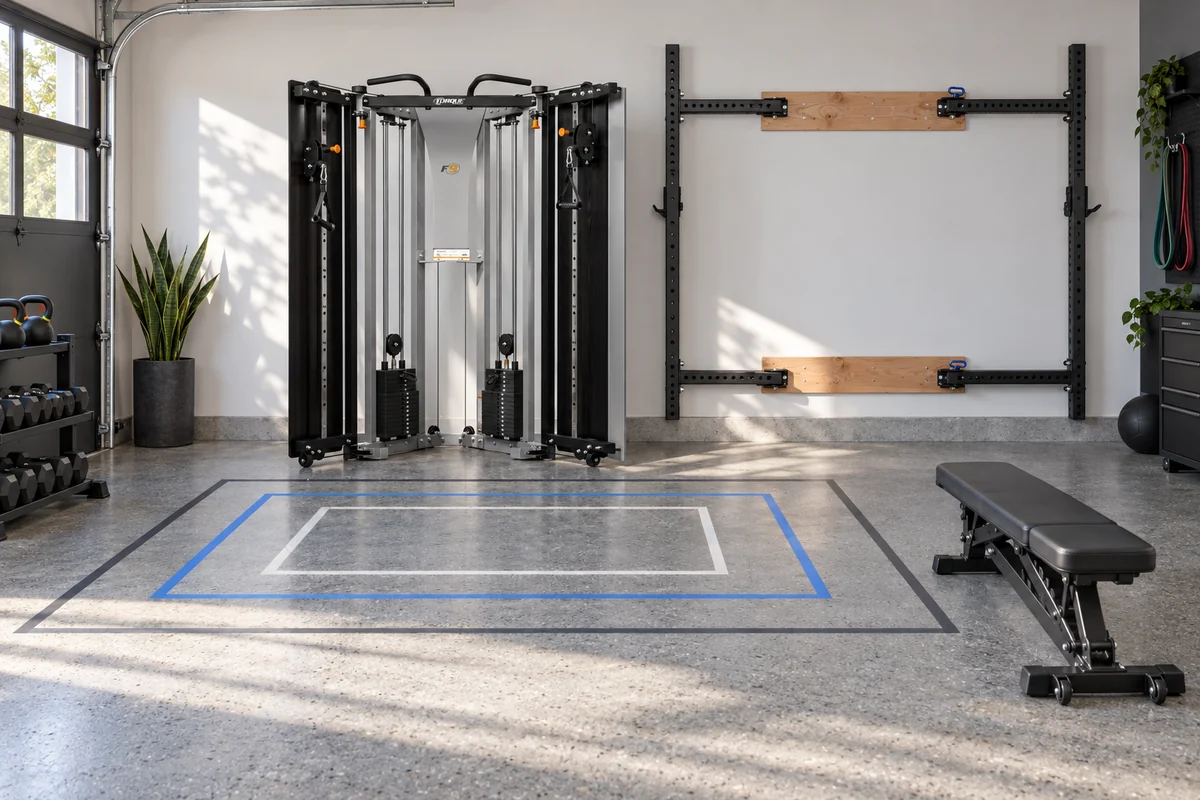 Home gym floor tape marking stored equipment area, open frame area, bench position, and workout clearance