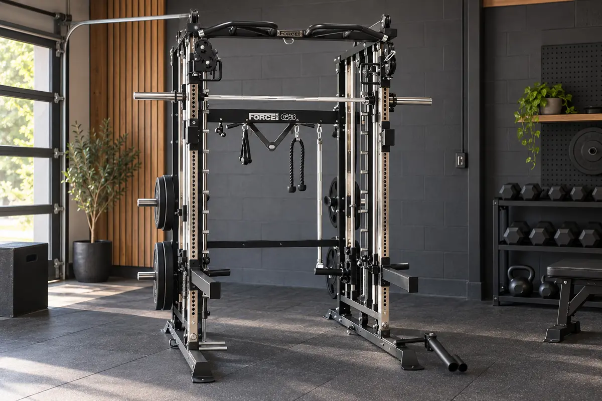 Force USA G3 All-In-One Trainer with Smith machine, cable pulleys, and rack attachments