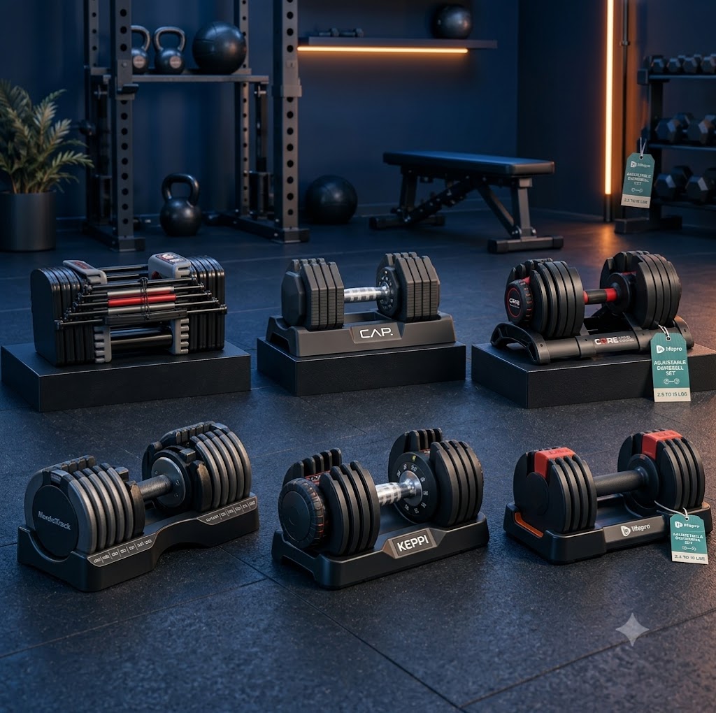 Six styles of adjustable dumbbells compared in a compact home gym