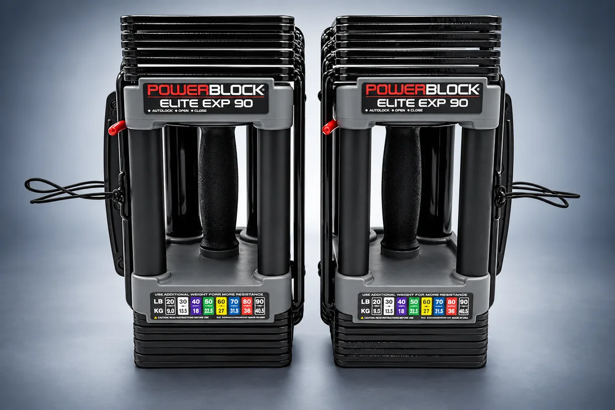 PowerBlock Elite EXP nested steel weight plates, enclosed handle and selector pin