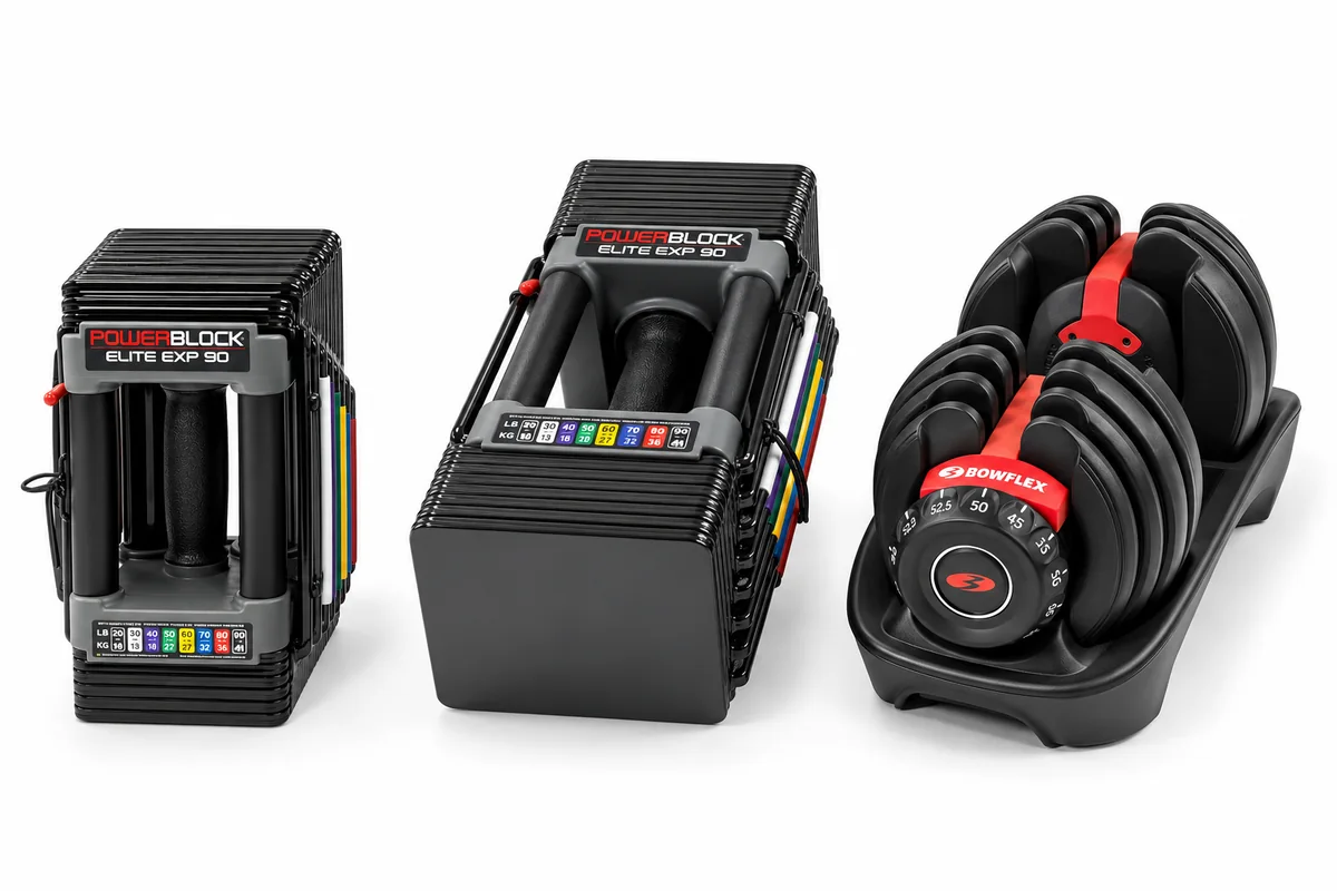 PowerBlock Elite EXP base and expansion configurations beside a legacy BowFlex SelectTech 552 for a weight-range comparison