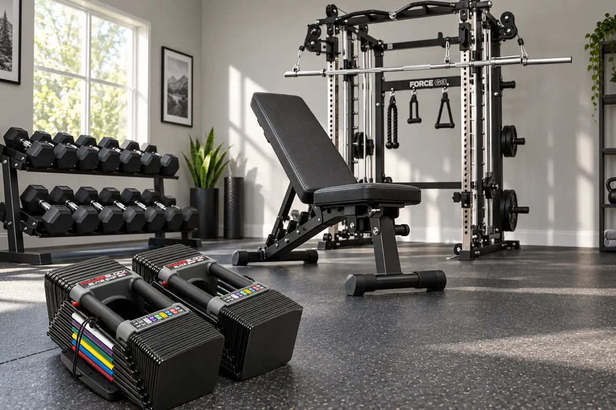 Adjustable dumbbells, weight bench, and power rack in a home gym