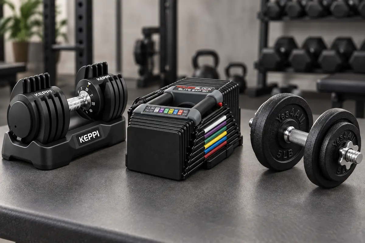 Dial, selector, and plate-loaded adjustable dumbbell mechanisms