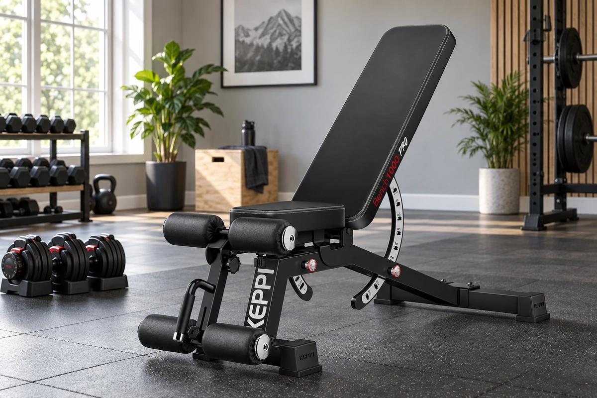 Stable adjustable weight bench with clear training space in a beginner home gym