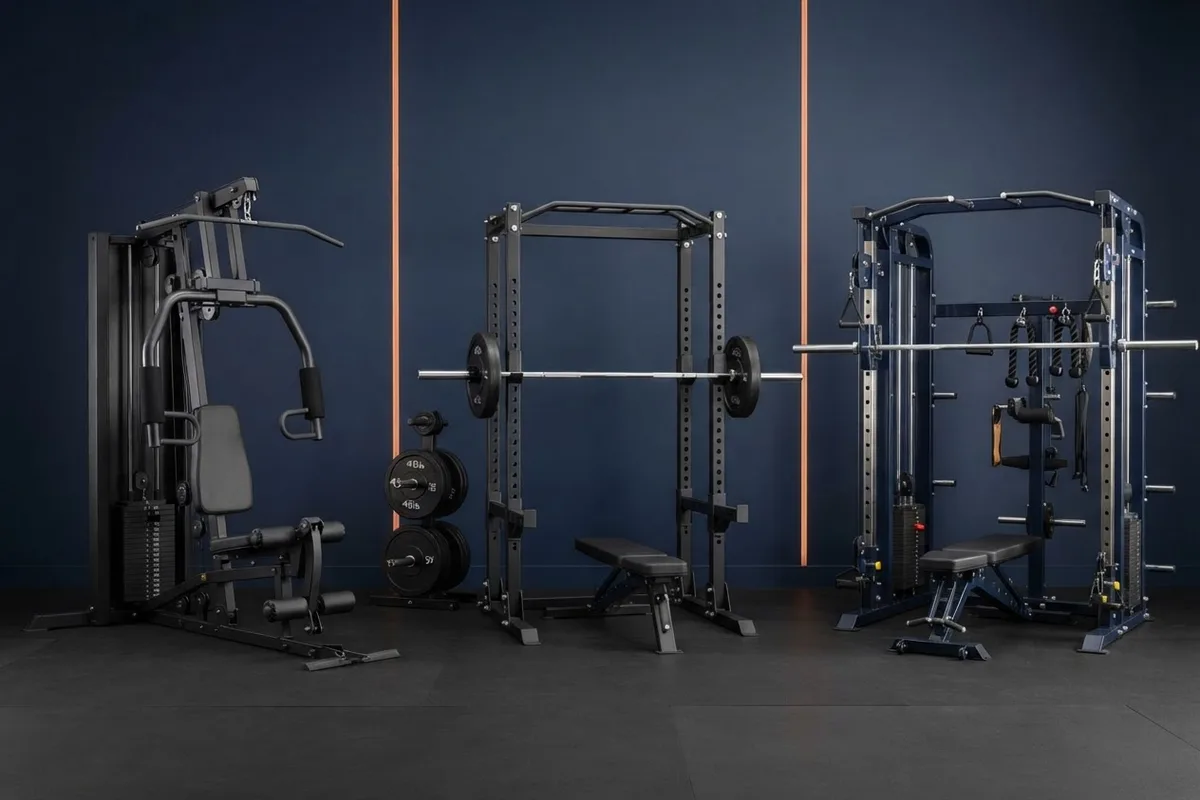 Selectorized plate-loaded and Smith cable home gym resistance systems