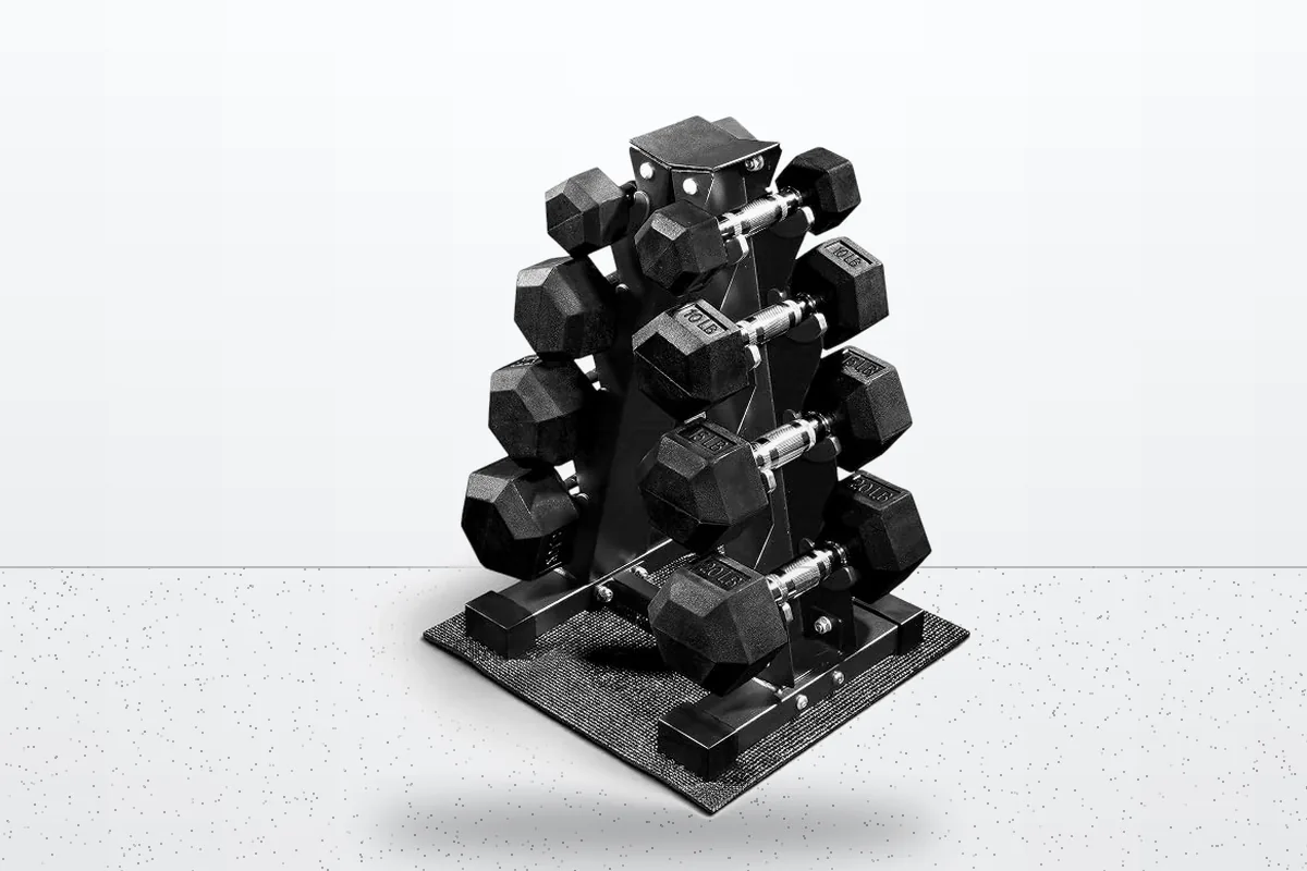 BalanceFrom 100-lb Rubber Coated Hex Dumbbell Set with Rack