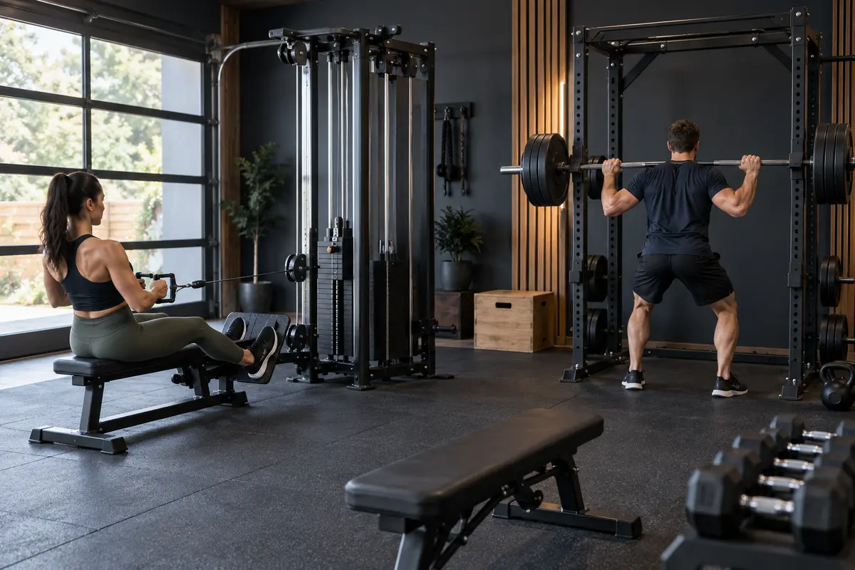 Cable exercises on an all-in-one home gym compared with barbell and dumbbell movements