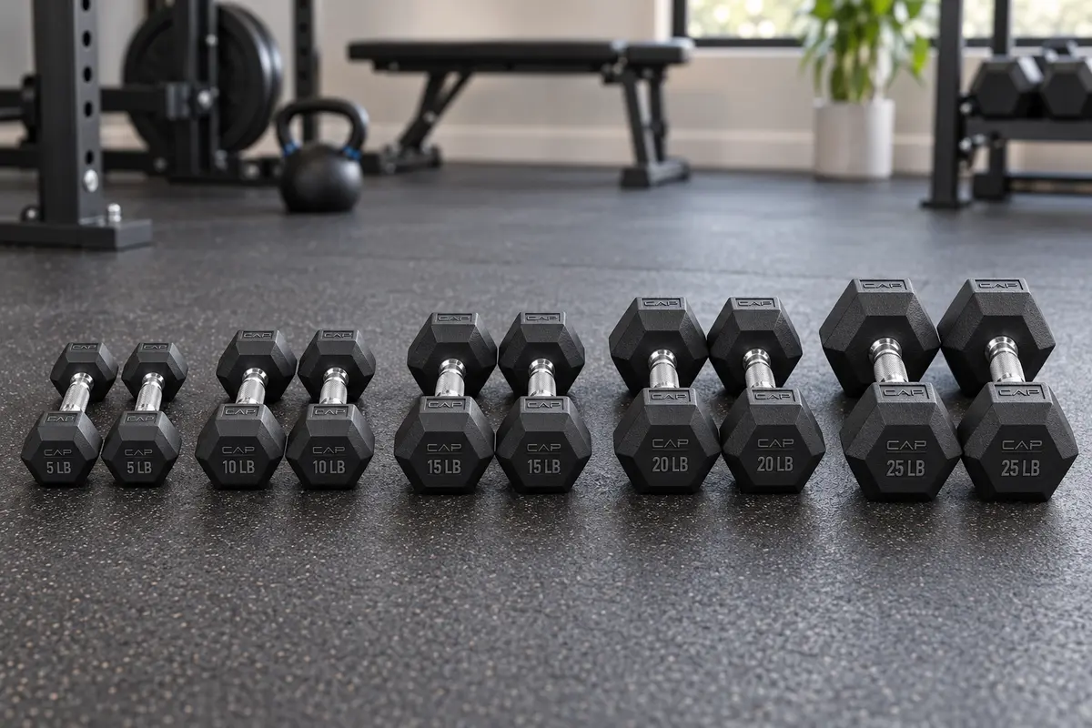 CAP dumbbell pairs labeled 5, 10, 15, 20, and 25 pounds to illustrate progression