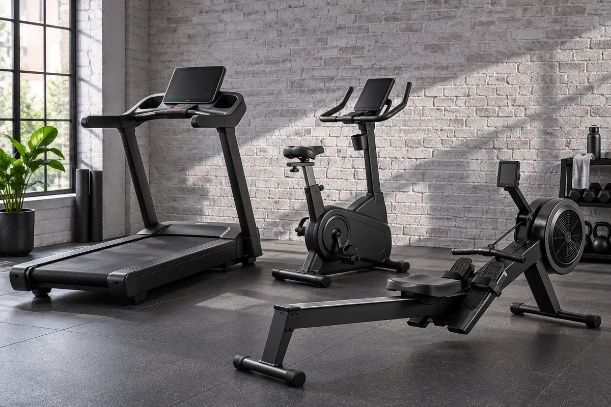 Treadmill, exercise bike, and rowing machine for home cardio workouts