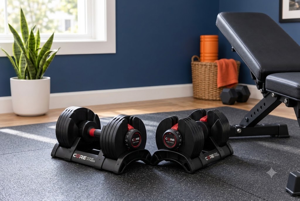 Core Home Fitness adjustable dumbbell pair seated in compact aluminum cradles
