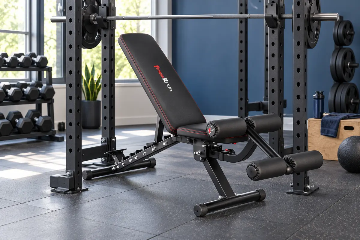 Fitness Reality 2000 Super Max XL bench positioned inside a power rack