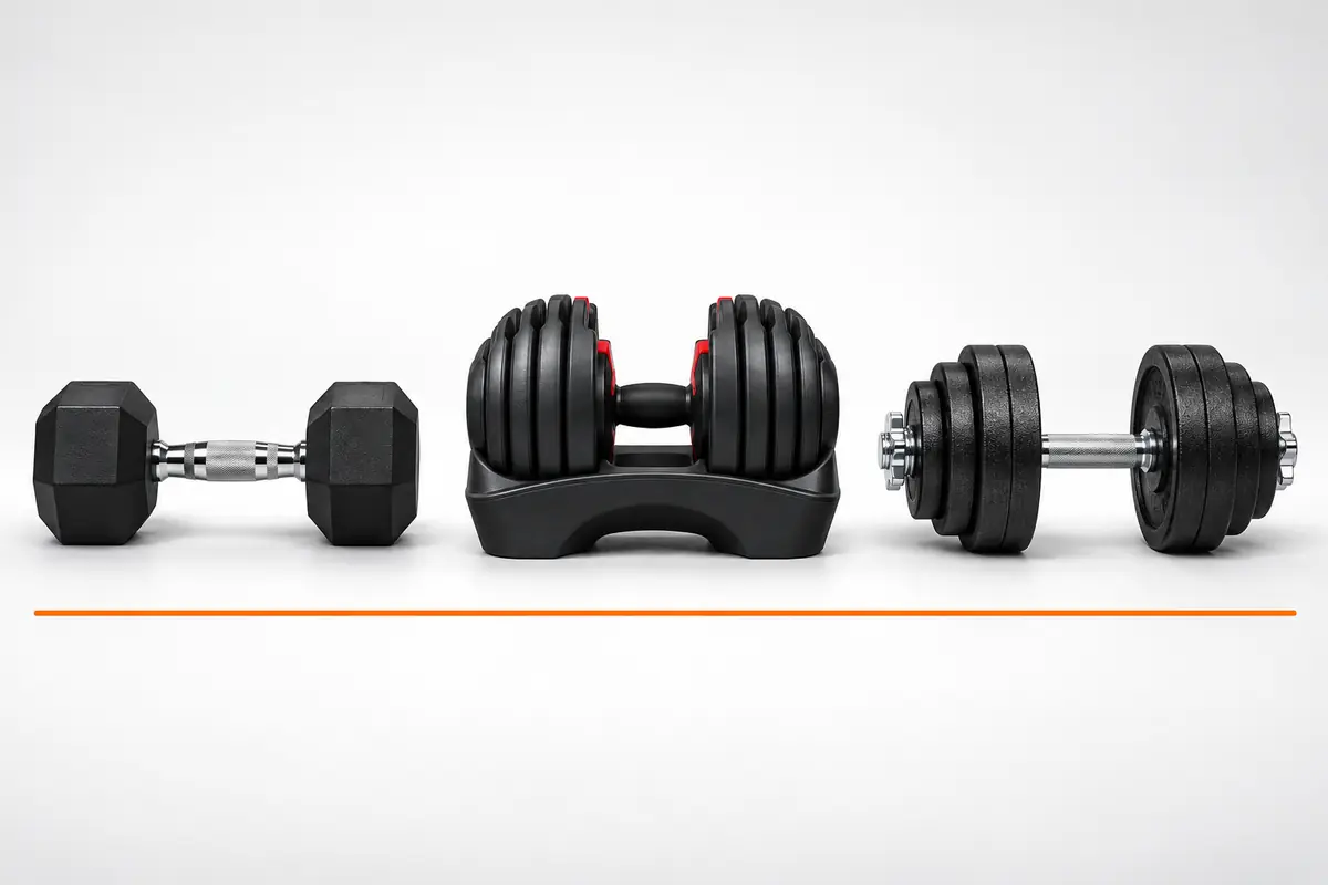 Fixed adjustable and plate-loaded dumbbells compared side by side