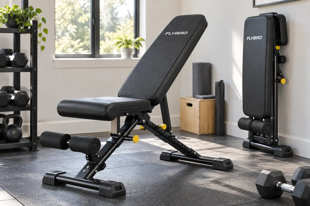 FLYBIRD WB5 adjustable folding weight bench open beside its compact folded form